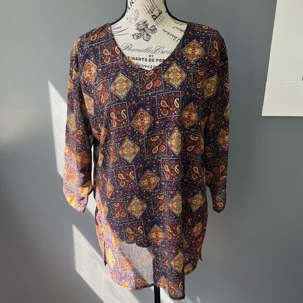 Prom Girl boho multi patterned v-neck long sleeve tunic blouse